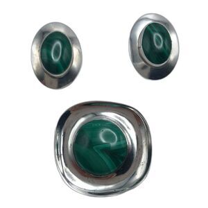 Vintage Malachite Sterling Silver Earrings and Brooch Set Cabochon
